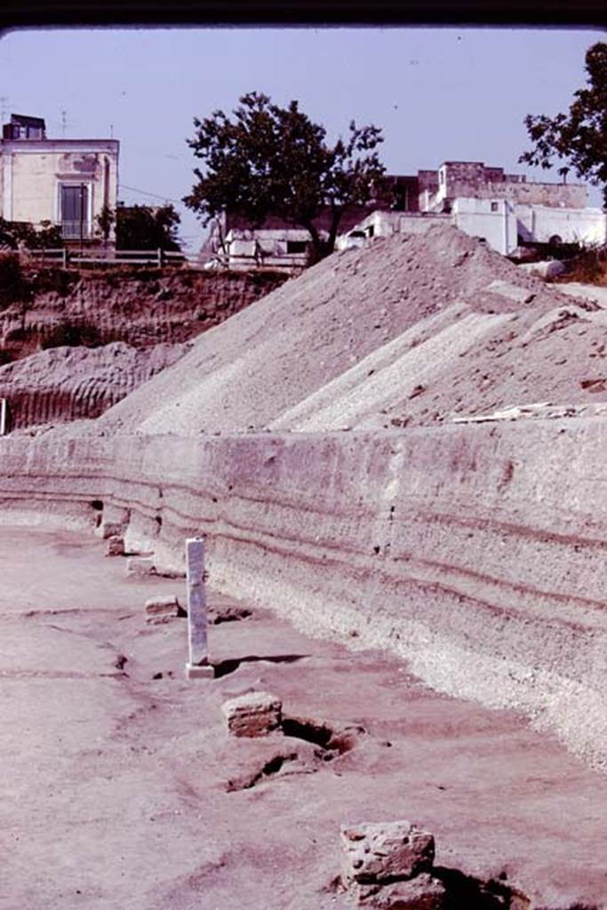 Oplontis, 1978. Looking north along east side of pool, with row of statue bases.
Seven are clear of the lapilli, the eighth is still enclosed. Photo by Stanley A. Jashemski.
Source: The Wilhelmina and Stanley A. Jashemski archive in the University of Maryland Library, Special Collections (See collection page) and made available under the Creative Commons Attribution-Non Commercial License v.4. See Licence and use details. J78f0339