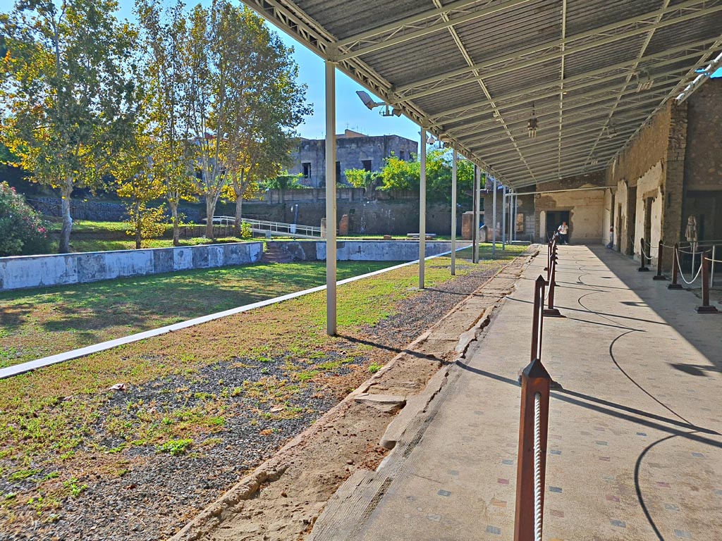 Oplontis Villa of Poppea, October 2023.
Area 96, looking south-east across swimming pool from area 80, the east side of the west portico 60. Photo courtesy of Giuseppe Ciaramella.