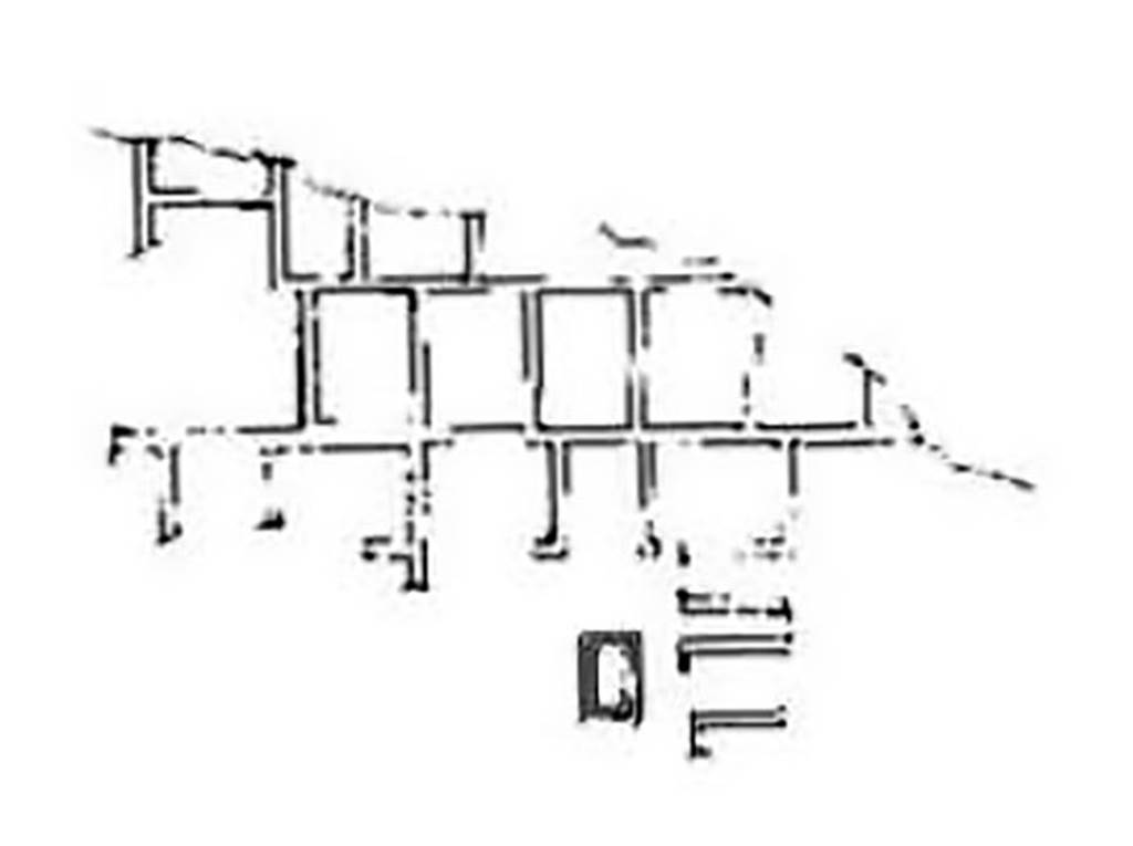 Oplontis, Villa of Lucius Crassius Tertius. 1977. Plan by Malandrino of extent of excavations up to 1977.
According to Malandrino, [writing of the excavation stage reached in 1977] the area of the Mascatelle is rich in archaeological remains. Ten years after the beginning of the excavation of the villa of Poppea, another monument was discovered.
During the excavation of the foundation of the gym of a school building, there emerged the structures of another large villa, made up of two floors: the upper floor was a luxurious house and the ground floor rooms were used to carry out wine trade. The finding almost immediately of a bronze seal allows us to know the name of this wealthy merchant - Lucio Crasso Terzo.
Unlike the villa of Poppea, this was inhabited and active, as evidenced by the various furnishings and the large amount of amphorae, many of which are still full at the time of the eruption, and others were inverted to dry after washing.
The archaeological interest of this discovery is particularly polarized on the vast array of structural features, covering the period from the end of the 3rd century. B.C. to the eruption.
Not much is left of the upper floor, except for a few walls, in part finely decorated, and a nymphaeum. The ground floor is better preserved and consists of a number of rooms that, for their vastness, reveal the commercial use to which they were put. Of great interest, then, is the south side of a monument found behind and Ievel with the ground floor of the villa, with architectural and functional fusion with this, consisting of a colonnade with a double row of ten Tuscanic columns of Nocera tufa, from the Samnite era, dating from between the end of the 3rd and the beginning of the 2nd century B.C..
This is probably the short side (east-west) of the monument, which will reveal its full extent, its importance and its destination when, after overcoming the bureaucratic obstacles, the excavation can continue. And not only that, it will also help us learn about historical moments and conditions of pre-Roman suburban settlements in this territory, which, even today, are so controversial and so full of unknowns.
During the excavation of the villa of L. Crasso Terzo there was also found the first victim from the Pagus Oplontino, of which it was possible to obtain the plaster cast: She was a young woman, adorned with armlet and gold earrings, affected by the poisonous fumes while she attempted to escape in a vain hope of salvation. 
See Malandrino, C., 1981, Sylva Mala II, p. 3-4.
