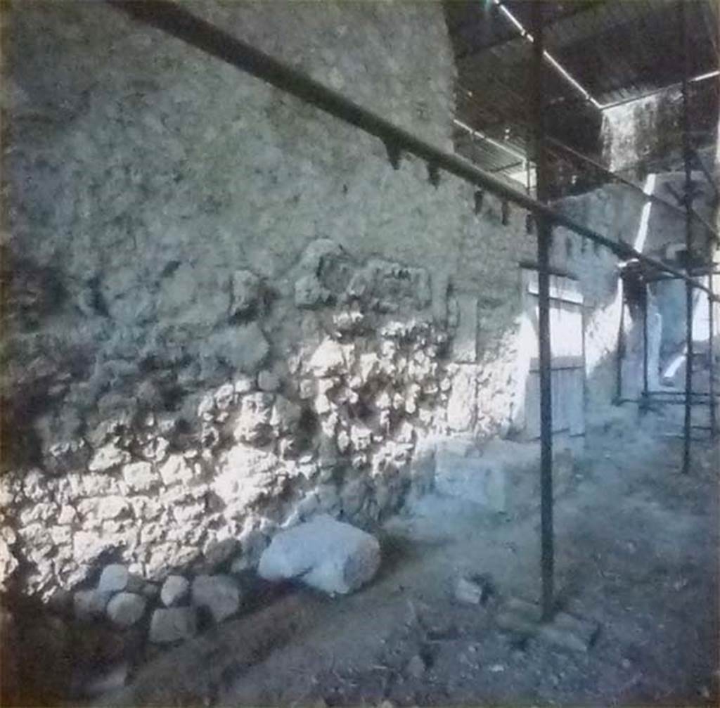 Villa of L Crassius Tertius. May 2011. North side, bounded by a road. 
Photo courtesy of Michael Binns.
In the 1980s, beyond the road the presence of other edifices was identified, for the moment not explored.
According to the Oplontis Project, along both sides of the road were simple town houses. These houses consisted of a ground floor room with beaten earth floor, and with the foundation for a staircase that gave access to a single upstairs room. In their excavations [at room 47] they also identified a latrine.
Their excavations in 2012-13 identified two phases of street construction. The earlier phase was of beaten earth and rough concrete. Cart ruts were clearly seen in the centre along with a possible small drainage conduit. The second phase covered the first with an “acciottolato” (cobbled) pavement of beaten earth and pebbles.
See A report of Excavations at Oplontis B 2012-13 (PDF)

According to the Soprintendenza, sul lato nord dell'edificio sono emerse alcune piccole abitazioni a due piani, indipendenti dall'edificio e aperte su di una strada, che separa la villa da altre strutture edilizie presenti sul lato opposto. Potrebbe trattarsi di piccole botteghe, con annessa abitazione al piano superiore, e in tal caso la villa si presenterebbe inserita in una vera e propria insula, delimitata da strade: una situazione territoriale simile a quella di Stabia.
On the north side of the building, there were several small houses with two floors, independent from the building and opened on a road, which separates the villa from other buildings on the opposite side. It could be small shops, with an upstairs dwelling, in which case the villa would appear as part of a fully-fledged insula, bounded by streets: a territorial situation similar to that of Stabiae.
See Villa on the Soprintendenza web site
