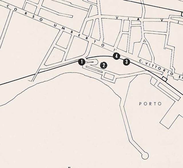 Villa 89. Torre Annunziata, Location plan.
1: The Baths of Marco Crasso Frugi.
2: Villa 89.
3: Villa 54 The Villa of C. Siculius.
4: Remains uncovered in 1940 and reburied without further investigation (Casale Bianco 141).