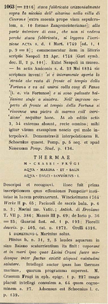 Terme di Marco Crasso Frugi. Torre Annunziata
Plaque as described in CIL X 1063.
See Corpus Inscriptionum Latinarum Vol. X part 1, 1883. Berlin: Reimer, p. 122, CIL X 1063.