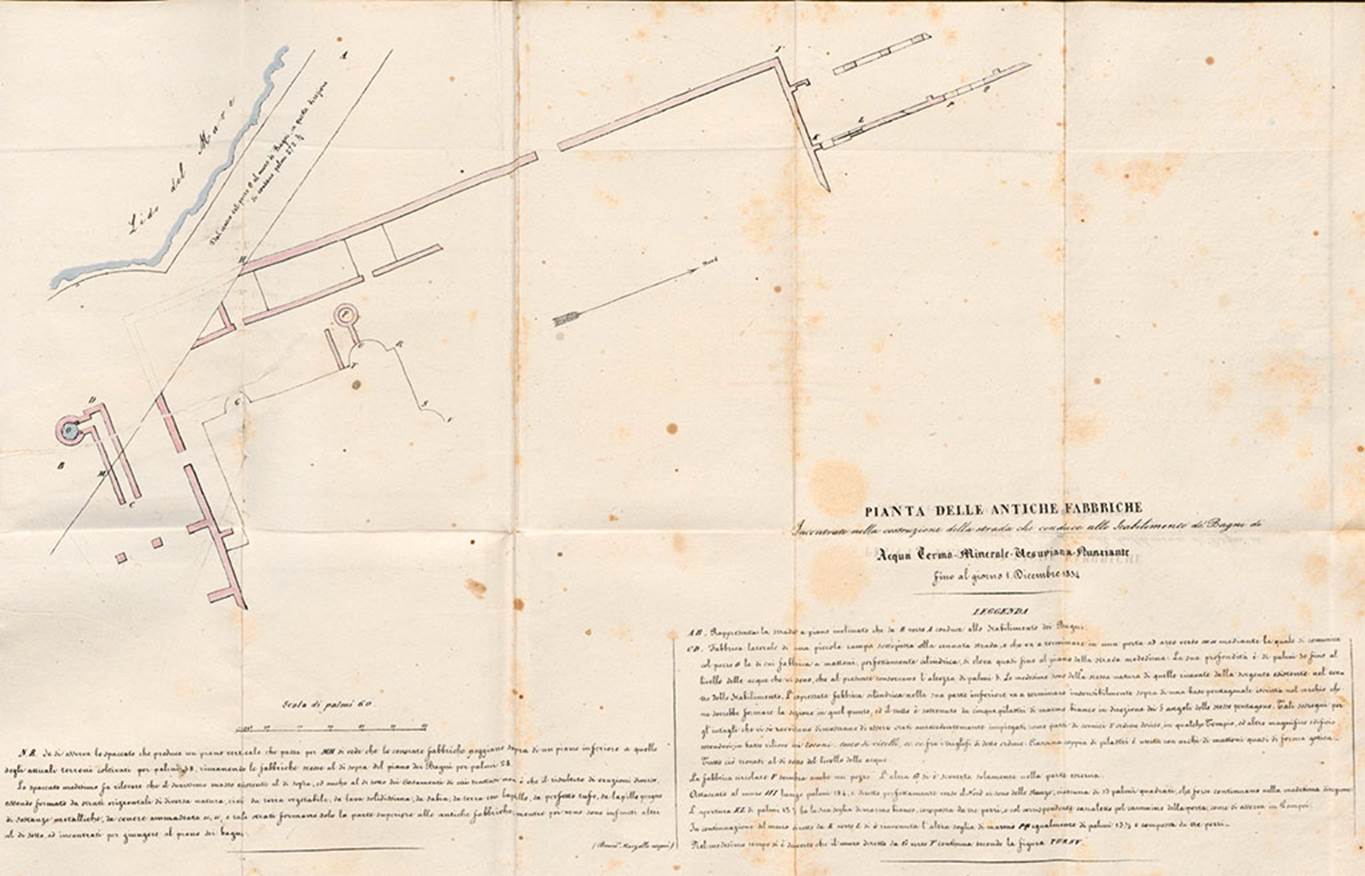 Terme di Marco Crasso Frugi. Torre Annunziata. Plan by Raffaele Liberatore dated 1 Dicembre 1834. 
Pianta delle Antiche Fabbriche incontrati nella costruzione della strada che conduce allo Stabilimento dei Bagni di Acqua Termo-Minerale-Vesuviana-Nunzianti.
See Liberatore, R., 1835. Delle nuove ed antiche terme di Torre Annunciata: articolo inserito nel fascicolo XII degli Annali Civili. Napoli: [s. n.], ETH-Bibliothek Z�rich, Rar 6090, http://doi.org/10.3931/e-rara-23398     CC Public Domain Mark 1 
For larger size copy of plan (1.4Mb)  press here
