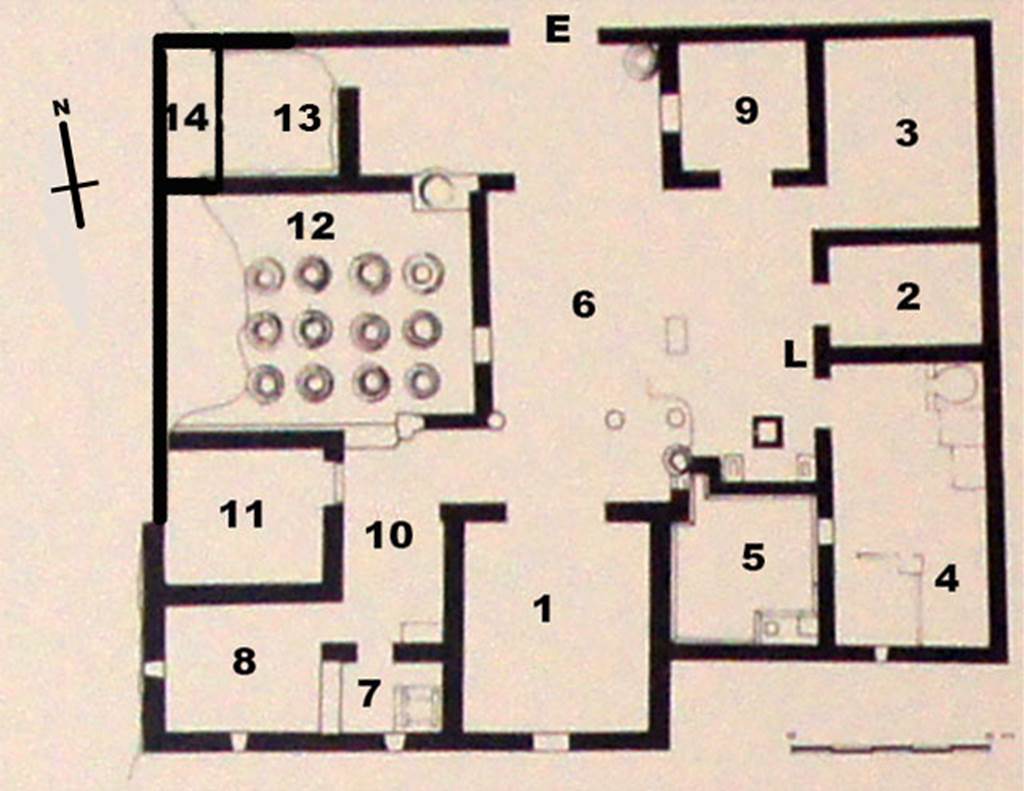 Gragnano, Villa rustica in Località Carmiano, Villa A. Based on plan by SAP.
See Bonifacio, G., 2004. In Stabiano: Exploring the Ancient Seaside Villas of the Roman Elite. Castellammare: Nicolo Longobardi, pp. 73.
E: Entrance
1: Triclinium
2: Small room?
3: Cubiculum
4: Kitchen with large oven
5: Torcularium with drain directly into a Dolium.
6: Rectangular Portico accessing all rooms
7: Small room?
8: Cubiculum
9: Cubiculum
10: Access corridor?
11: Cubiculum
12: Cella Vinaria with 12 dolia
13: ?
14: ?
L: Site of stucco aedicula lararium
