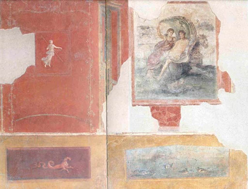 Gragnano, Villa rustica in Località Carmiano, Villa A. Triclinium 1.
East wall, with fresco of Bacchus and Ceres.
Photo courtesy of Mentnafunangann - Own work. Licensed under CC BY-SA 3.0, via Wikimedia Commons.
