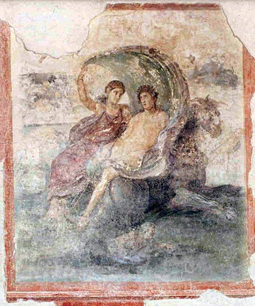 Gragnano, Villa rustica in Località Carmiano, Villa A. Triclinium 1.
East wall, with fresco of Bacchus and Ceres astride a hippogryph.
See Bonifacio G., 2004. In Stabiano: Exploring the Ancient Seaside Villas of the Roman Elite. Castellamare: Nicola Longobardi, p. 71.
According to Croisille, Bacchus and Ceres travel the world on the marine horse's back to offer their gifts to the people. The nearly naked feminine coloured body of the young god contrasts the flowing garment of the goddess and the sail, inflated by the wind, forms a canopy over the group.
See Croisille J. M., 1966. Les Fouilles archéologiques de Castellammare: Latomus XXV, 1966, p. 253, Pl. IX fig. 13.