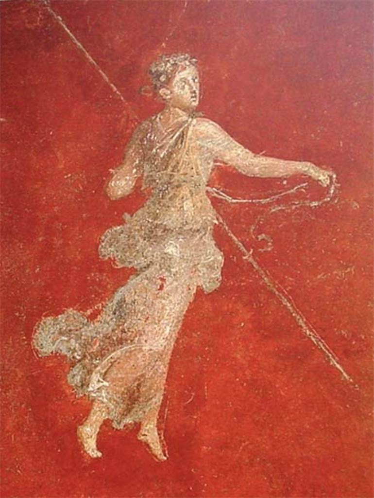Gragnano, Villa rustica in Località Carmiano, Villa A. Triclinium 1.
East wall, flying figure to left of fresco of Bacchus and Ceres.
In her right hand she holds a ribbon and in the left a thyrsus.