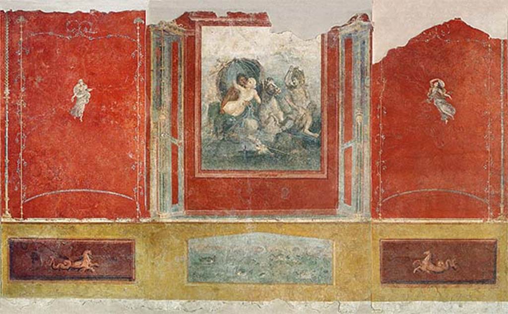 Gragnano, Villa rustica in Località Carmiano, Villa A. Triclinium 1.
West wall with fresco of Neptune and Amymone and flying figures.
Photo courtesy of Mentnafunangann (Own work). Use subject to CC BY-SA 3.0, via Wikimedia Commons. Stabiae Antiquarium, inventory numbers 63685.