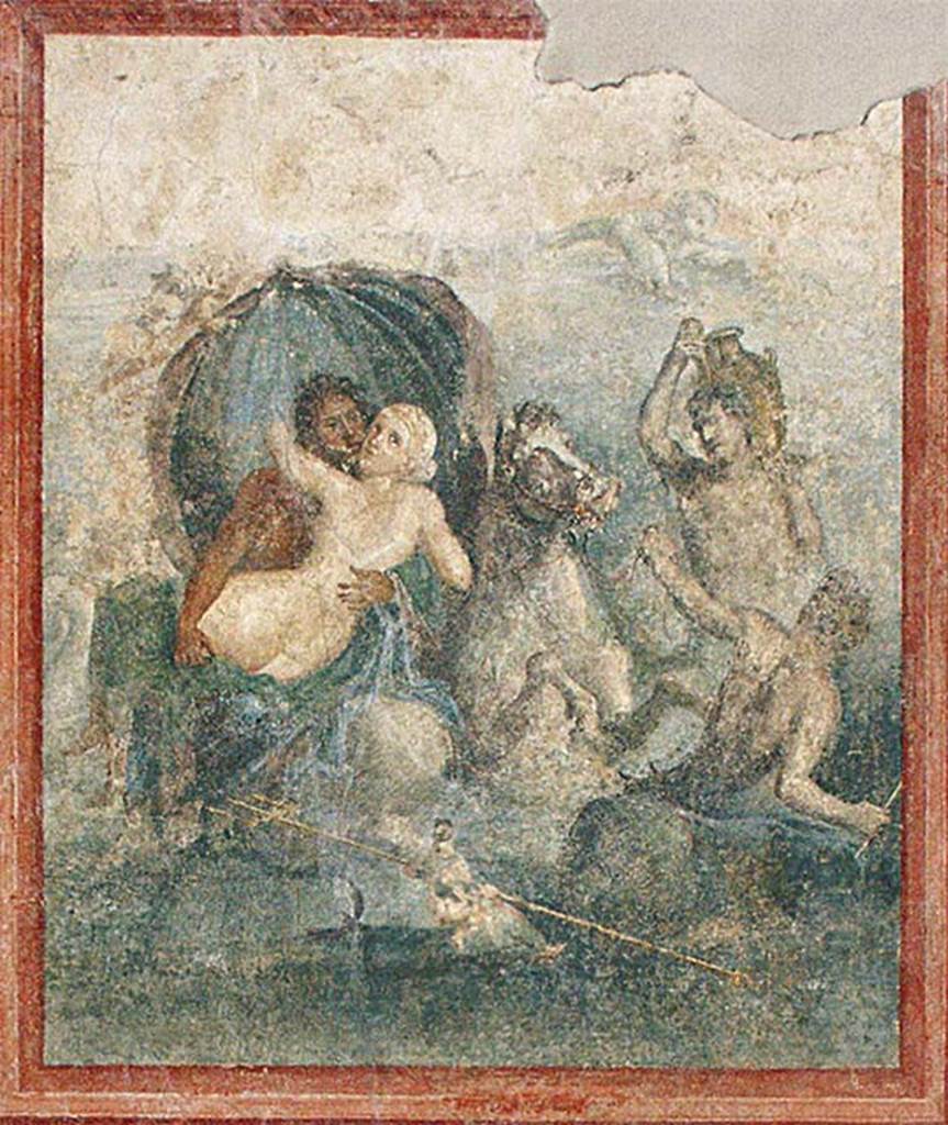 Gragnano, Villa rustica in Località Carmiano, Villa A. Triclinium 1. West wall.
Fresco of Neptune and Amymone, seated astride a horse rampant.
See Bonifacio G., 2004. In Stabiano: Exploring the Ancient Seaside Villas of the Roman Elite. Castellamare: Nicola Longobardi, p. 71.
According to Croisille,
This is the abduction of a Nereid by Neptune on his sea chariot.
The God is shown with abundant hair and a black beard, swarthy face and brown skin tone, contemplates lustfully the Nereid he carries in his arms.
The Nereid with a pale skin tone her body held against the god has her head turned looking at the viewer.
Note the almost human expression of the rampant horse.
There are two figures on the right: one carries a pitcher on the neck, while the other, in a natural movement, is striving to lead the rearing horse.
The fabrics agitated by the breeze, form a kind of canopy above the main group.
See Croisille J. M., 1966. Les Fouilles archéologiques de Castellammare : Latomus XXV, 1966, p. 250.
According to Wikipedia, Amymone is usually represented by a water pitcher, a reminder of the sacred springs and lake of Lerna and of the copious wells that made Argos the "well-watered".
See https://en.wikipedia.org/wiki/Amymone