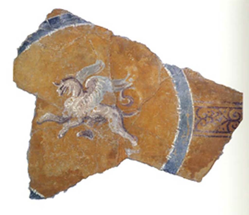 Gragnano, Villa rustica in Località Carmiano, Villa A. Hippogriff from ceiling of southern portico 6.
Stabiae Antiquarium, inventory number 63695.
According to Camardo, the porch that protected the south wing of the villa was painted, as was shown by the remains still in situ at the twin-column gemina, and by the figure of a hippogriff in a circle which decorated the ceiling of that porch.
See Camardo D., Ferrara A., Longobardi N., 1989. Stabiae: le ville. Castellammare di Stabia, p. 69-70, p. 76, fig. 91.