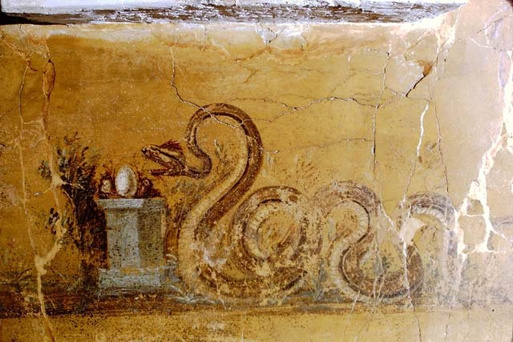 Gragnano, Villa rustica in Località Carmiano, Villa A. 1968.
From dividing pilaster between kitchen room 4 and room 2.
Underneath the aedicula lararium, a painted serpent was found, moving to the right towards an altar on which was deposited the offerings.
Photo by Stanley A. Jashemski.
Source: The Wilhelmina and Stanley A. Jashemski archive in the University of Maryland Library, Special Collections (See collection page) and made available under the Creative Commons Attribution-Non Commercial License v.4. See Licence and use details.
J68f1876