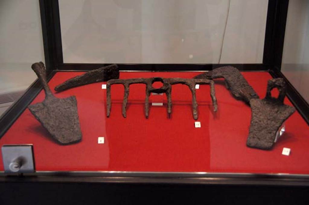 Gragnano, Villa rustica in Località Carmiano, Villa A. Agricultural implements.
Stabiae Antiquarium, inventory numbers
63297 vanga (spade) found in room 2.
63295 piccone (pickaxe) found in room 2.
63484 rastrello (rake) found in room 8.
63416 roncola (billhook) found in room 4.
63296 zappa (hoe) found in room 2.
Photo courtesy of Margaret Hicks.