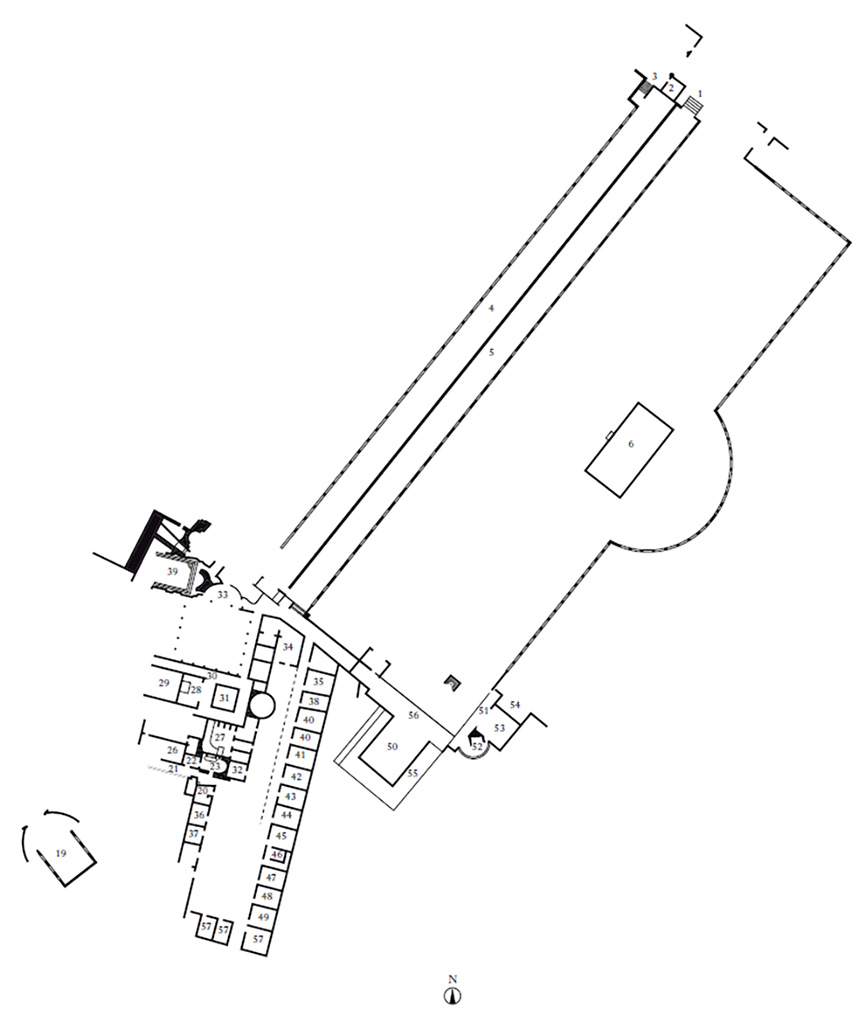 Stabiae, Villa del Pastore. General plan of the villa by P. Miniero after D. Camardo.
Plan of the Villa del Pastore with conventional indication of the rooms.
Includes Tavv. III, V and VII of Ruggiero (1881) and the plan of the SANP archive made in the late 1960s.
Pianta della Villa del Pastore con indicazione convenzionale degli ambienti.
Comprende le Tavv. III, V e VII del Ruggiero (1881) e la pianta dell’archivio SANP realizzata alla fine degli anni Sessanta del Novecento.
Da Domenico Camardo, La Villa di Arianna a Stabia, in Stabiae, dai Borbone alle ultime scoperte, a cura di D. Camardo, A. Ferrara, Castellamare di Stabia 2001, pp. 75-84.