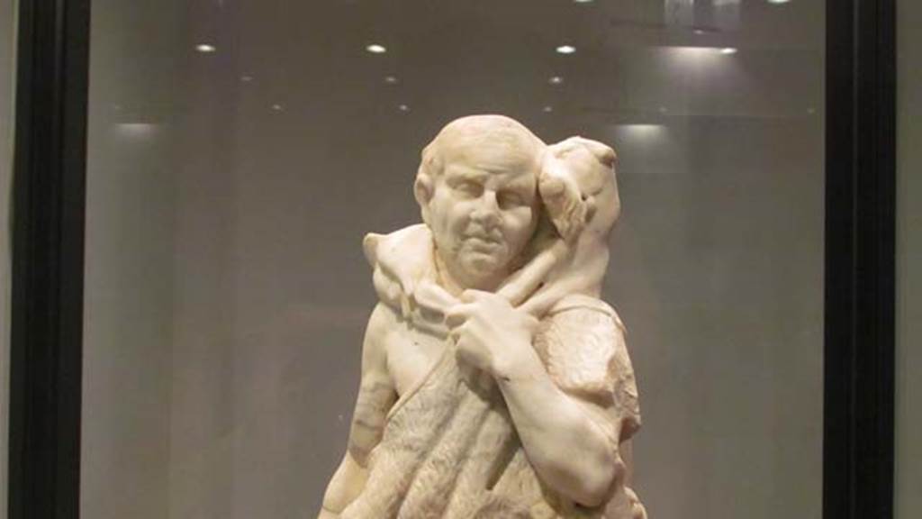 Stabiae, Villa del Pastore. Garden. Shepherd with goat on his shoulders.
Stabia Antiquarium. Inventory number 63908.
Photo courtesy of Donna Dollings.