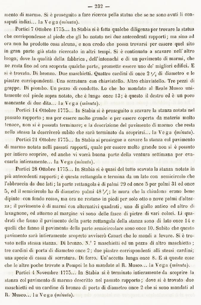 Room 19 on east side of Villa, see 28th October 1775, p.232, above.
See Ruggiero M., 1881. Degli scavi di Stabia dal 1749 al 1782, Naples, (p. 232).
