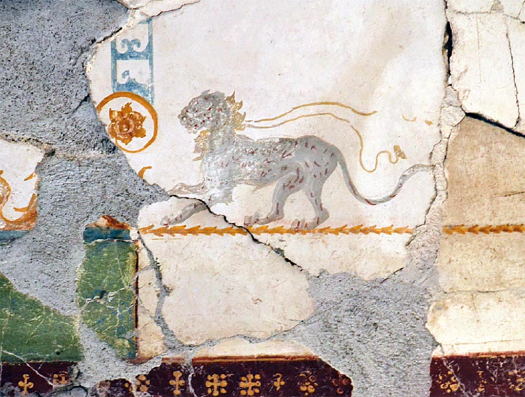 Stabiae, Secondo Complesso, Room 19, detail of leopard on painted ceiling, in situ.
See Guida Stabiae, Scavi archeologici di Stabiae, p. 13.
