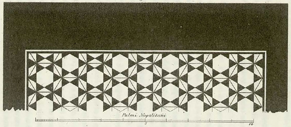 Stabia, Secondo Complesso, Villa Arianna B. Room 11, design of mosaic floor according to design by Ruggiero/La Vega.
See Ruggiero M., 1881. Degli scavi di Stabia dal 1749 al 1782, Naples, Tav. VI,4a.
According to Miniero, -
al no.4 il pavimento a esagoni contenenti stelle a sei punte dall’ambiente (11);
(No.4 the hexagonal floor containing six-pointed stars from the room (11).
See Miniero, P., 2013. Ville scavate nel Settecento nel territorio di Stabiae. (p.6).
Pisapia describes and numbers this mosaic as no. 106.
