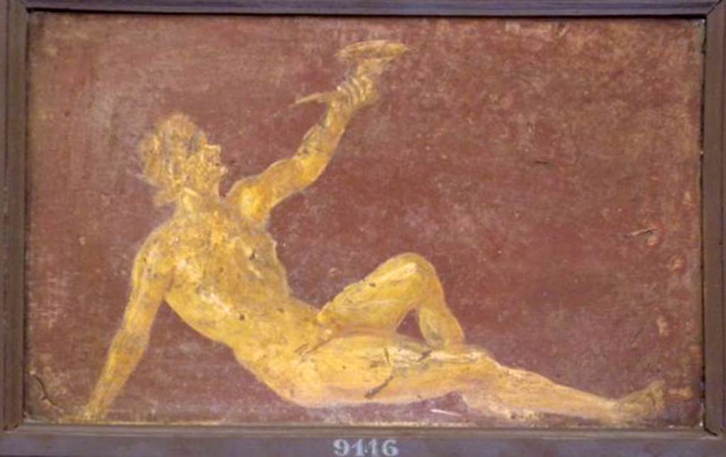 Stabiae, Villa Arianna, found 17th January 1761. Room F. Painting of a seated satyr.
Now in Naples Archaeological Museum. Inventory number 9116.
See Sampaolo V. and Bragantini I., Eds, 2009. La Pittura Pompeiana. Electa: Verona, p. 482.
See Pagano, M. and Prisciandaro, R., 2006. Studio sulle provenienze degli oggetti rinvenuti negli scavi borbonici del regno di Napoli. Naples: Nicola Longobardi, p. 246.