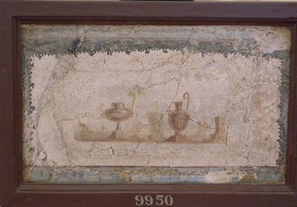 Stabiae, Villa Arianna, found 24th December 1760. Room E, painting of vases as competition trophies.
Now in Naples Archaeological Museum. Inventory number 9950.
See Sampaolo V. and Bragantini I., Eds, 2009. La Pittura Pompeiana. Electa: Verona, p. 477.