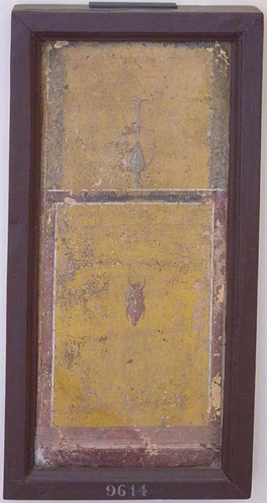 Stabiae, Villa Arianna, found 3rd January 1761. Room E, painting of compartment with a mask of Pan and kantharos above.
Now in Naples Archaeological Museum. Inventory number 9614.
See Sampaolo V. and Bragantini I., Eds, 2009. La Pittura Pompeiana. Electa: Verona, p. 476.