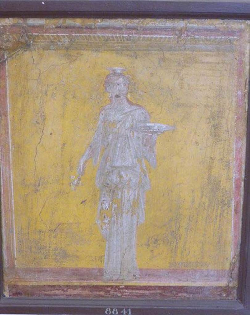 Stabiae, Villa Arianna, found 24th December 1760.
Room E, painted panel of woman (caryatid).
Now in Naples Archaeological Museum. Inventory number 8841.
See Sampaolo V. and Bragantini I., Eds, 2009. La Pittura Pompeiana. Electa: Verona, p. 474-5.