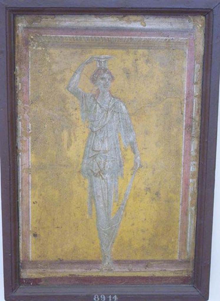 Stabiae, Villa Arianna, found 24th December 1760.
Room E, painted panel of woman (caryatid).
Now in Naples Archaeological Museum. Inventory number 8914.
See Sampaolo V. and Bragantini I., Eds, 2009. La Pittura Pompeiana. Electa: Verona, p. 474-5.
