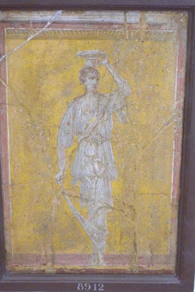 Stabiae, Villa Arianna, found 24th December 1760.
Room E, painted panel of woman (caryatid).
Now in Naples Archaeological Museum. Inventory number 8912.
See Sampaolo V. and Bragantini I., Eds, 2009. La Pittura Pompeiana. Electa: Verona, p. 474-5.