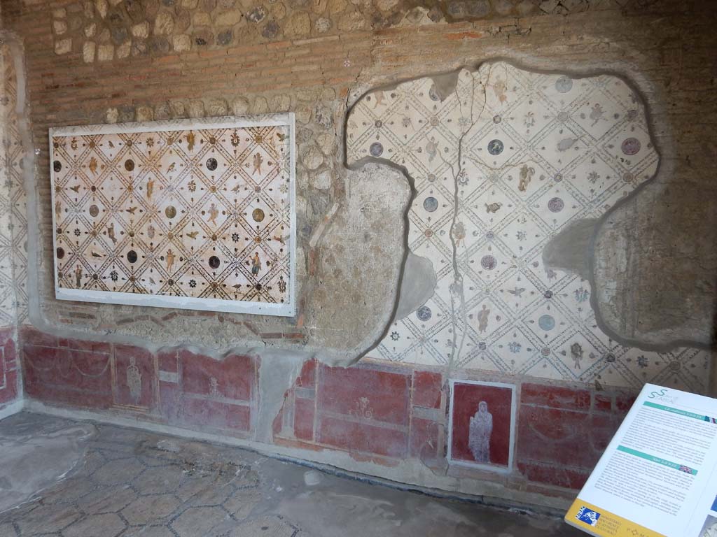 Stabiae, Villa Arianna, June 2019.
Room 9, west wall showing extremely complex and painted decoration painted with great effect in IV Style.
Photo courtesy of Buzz Ferebee.
According to the information card – this diaeta (a day-room or living room), with a window opening onto the Gulf, reveals a special mosaic wall decoration consisting of diamond shapes (rhombs), within which birds, flower, female figures, medallions and cupids alternate.
Largely removed in the 18th century, it was variously remounted in the Naples Museum, where it can be seen to this day.