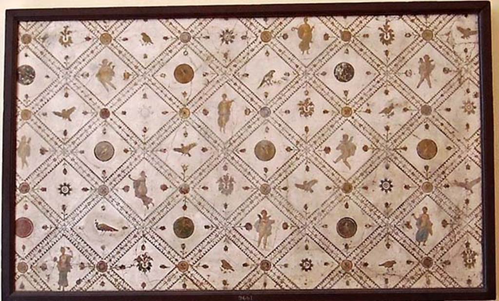 Stabiae, Villa Arianna. Found 22nd February 1760. Room 9, west wall, part of the extremely complex and painted decoration in IV Style.
Now in Naples Archaeological Museum. Inventory number 9661.
Also from this room are 9652, 9653, 9654, 9655 and 9656, each a diamond shape made up of four smaller diamonds containing figures.
See Sampaolo V. and Bragantini I., Eds, 2009. La Pittura Pompeiana. Electa: Verona, p. 460-1.
See Pagano, M. and Prisciandaro, R., 2006. Studio sulle provenienze degli oggetti rinvenuti negli scavi borbonici del regno di Napoli. Naples: Nicola Longobardi, p. 245.
