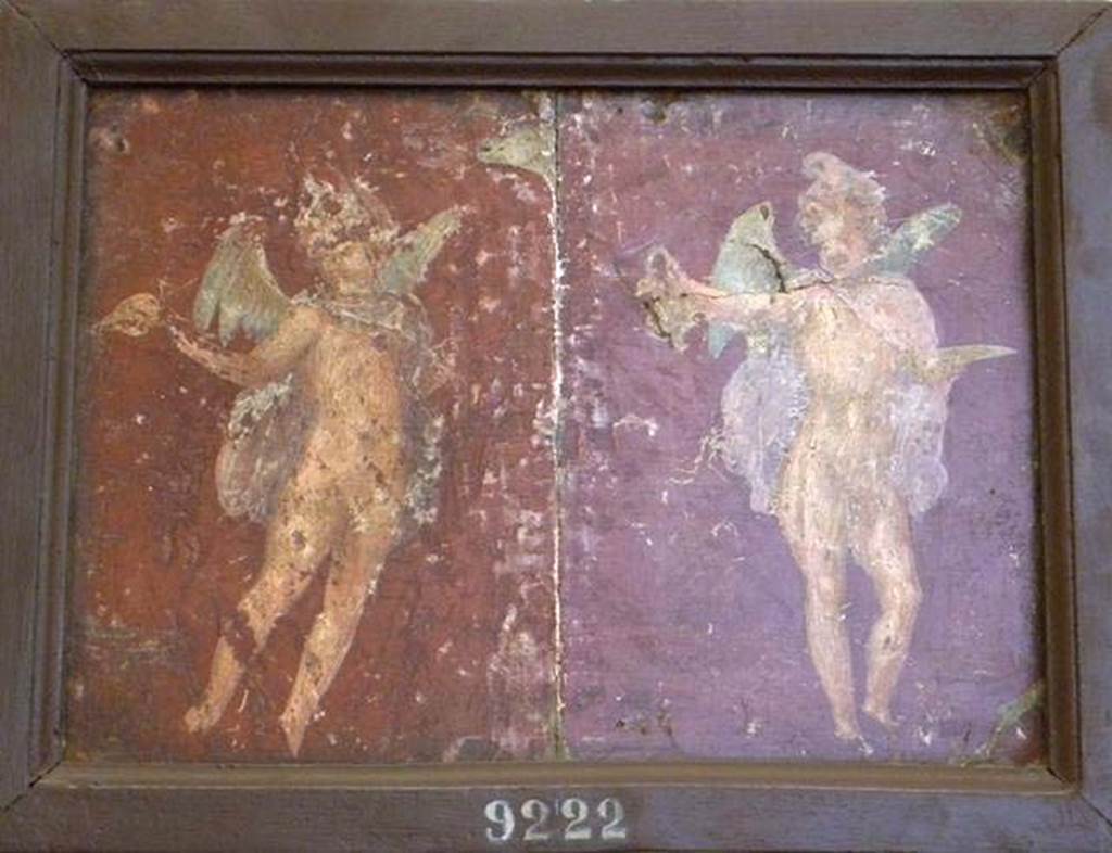 Stabiae, Villa Arianna, found 24th March 1760. Room 5, composite of two paintings of cupids.
Now in Naples Archaeological Museum. Inventory number 9222.
See Sampaolo V. and Bragantini I., Eds, 2009. La Pittura Pompeiana. Electa: Verona, p. 466.
See Pagano, M. and Prisciandaro, R., 2006. Studio sulle provenienze degli oggetti rinvenuti negli scavi borbonici del regno di Napoli. Naples: Nicola Longobardi, p. 245.