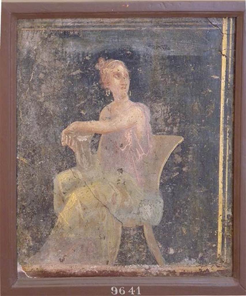 Stabiae, Villa Arianna, found in the zoccolo on 29th March 1760. Room 5, seated woman with arm resting on a silver vase or kantharos.
Now in Naples Archaeological Museum. Inventory number 9641.
According to Grasso, the presence of the border on the right of this picture indicates that it may have been found at the end of a wall, towards the door, to which she has turned her gaze.
See Sampaolo V. and Bragantini I., Eds, 2009. La Pittura Pompeiana. Electa: Verona, p. 465.
See Pagano, M. and Prisciandaro, R., 2006. Studio sulle provenienze degli oggetti rinvenuti negli scavi borbonici del regno di Napoli. Naples: Nicola Longobardi, p. 245.