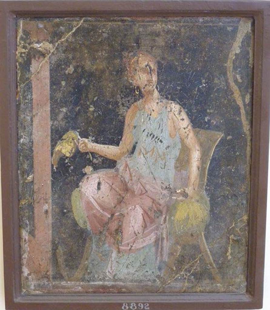 Stabiae, Villa Arianna, found in the zoccolo on 29th March 1760. Room 5, seated woman, holding a fan-shaped leaf, a typical flabellum (fan).
Now in Naples Archaeological Museum. Inventory number 8892.
See Sampaolo V. and Bragantini I., Eds, 2009. La Pittura Pompeiana. Electa: Verona, p. 465.
See Pagano, M. and Prisciandaro, R., 2006. Studio sulle provenienze degli oggetti rinvenuti negli scavi borbonici del regno di Napoli. Naples: Nicola Longobardi, p. 245.