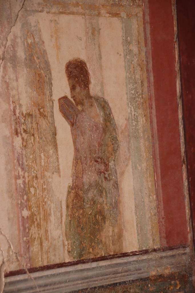 Stabiae, Villa Arianna, October 2020.
Room 7, detail of painted figure from south end of east wall. Photo courtesy of Klaus Heese.