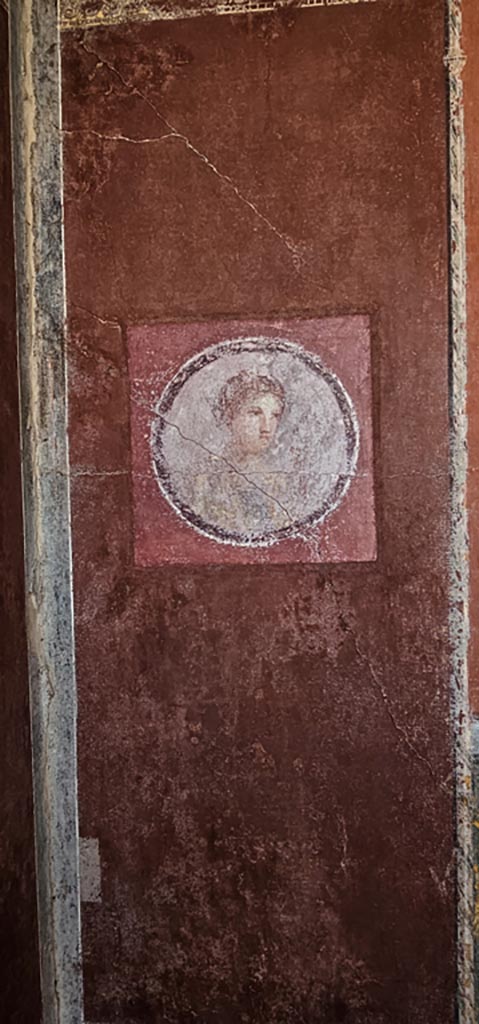 Stabiae, Villa Arianna, December 2023.
Room 7, painted medallion from east end of south wall.
Photo courtesy of Miriam Colomer.