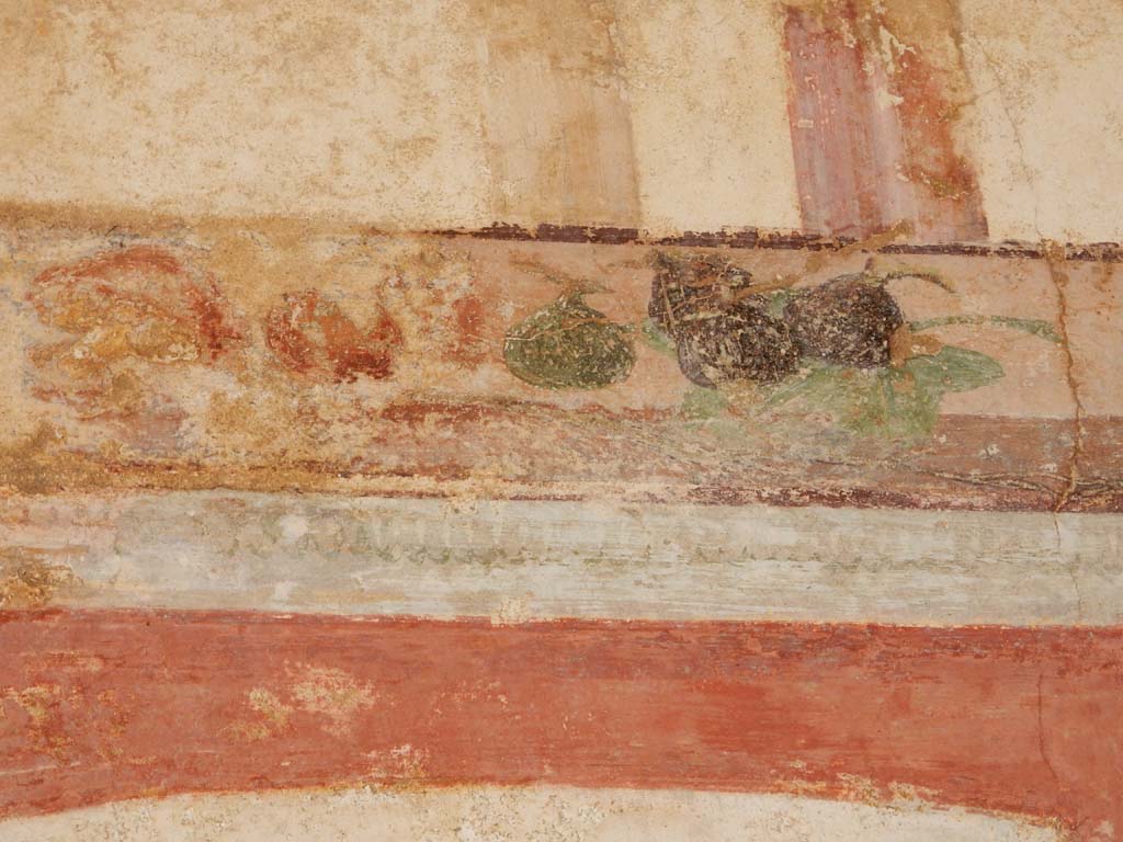 Stabiae, Villa Arianna, June 2019. Room 7, painted decoration from upper west end of south wall.
Photo courtesy of Buzz Ferebee.