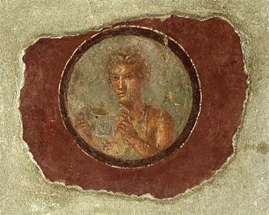 Stabiae, Villa Arianna, September 2015. Room 7, painted medallion of a young man from west end of south wall.
This original medallion of a young man was stolen in 1975 but recently recovered.
See Camardo D., Ferrara A., Longobardi L., 1989. Stabiae: Le Ville. Castellamare di Stabia, no. 20, p. 31-2.
Stabia Antiquarium, inventory number 86726.