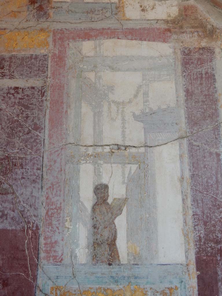 Stabiae, Villa Arianna, June 2019. Room 7, painted figure from south end of west wall.
Photo courtesy of Buzz Ferebee.