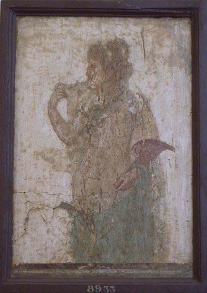 Stabiae, Villa Arianna, room 7, woman with a red flabellum (fan used for religious ceremonies).
Now in Naples Archaeological Museum. Inventory number 8933.
See Sampaolo V. and Bragantini I., Eds, 2009. La Pittura Pompeiana. Electa: Verona, p. 467.