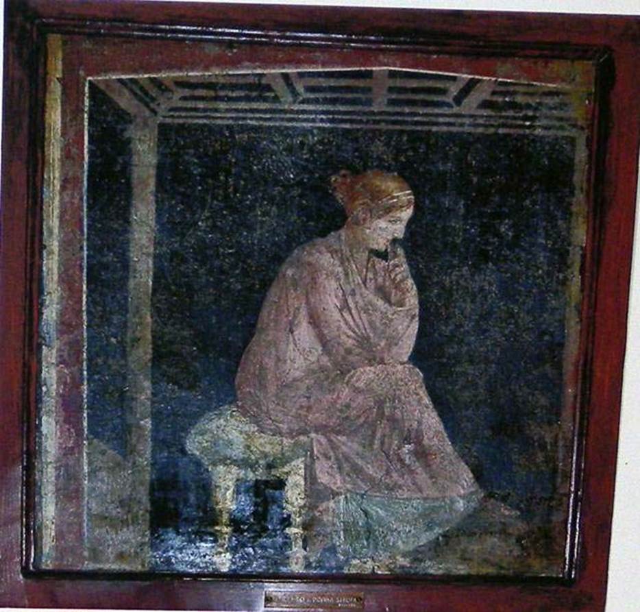 Stabiae, Villa Arianna, found 15th March 1760. Room 7, painting of a seated woman with her hand to her mouth.
Now in Naples Archaeological Museum. Inventory number 9097.
See Sampaolo V. and Bragantini I., Eds, 2009. La Pittura Pompeiana. Electa: Verona, p. 456.
See Pagano, M. and Prisciandaro, R., 2006. Studio sulle provenienze degli oggetti rinvenuti negli scavi borbonici del regno di Napoli. Naples: Nicola Longobardi, p. 245.