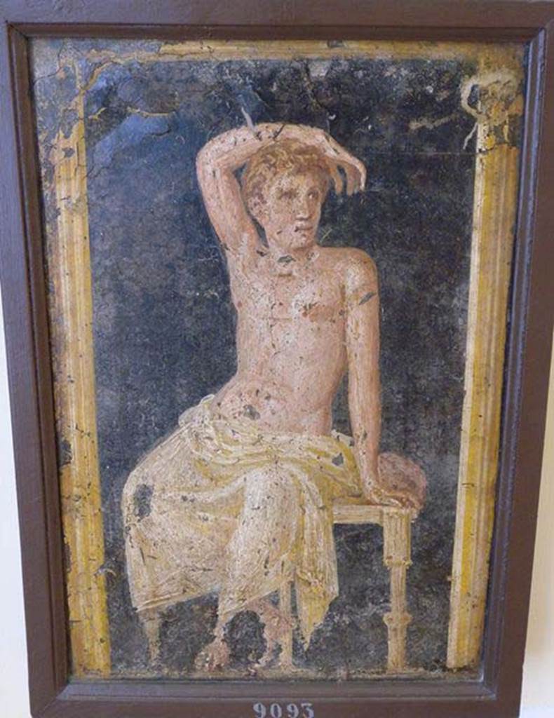 Stabiae, Villa Arianna, found 15th March 1760. Room 7, painting of a seated youth with his hand on his head.
Now in Naples Archaeological Museum. Inventory number 9093.
See Sampaolo V. and Bragantini I., Eds, 2009. La Pittura Pompeiana. Electa: Verona, p. 457.
See Pagano, M. and Prisciandaro, R., 2006. Studio sulle provenienze degli oggetti rinvenuti negli scavi borbonici del regno di Napoli. Naples: Nicola Longobardi, p. 245.
