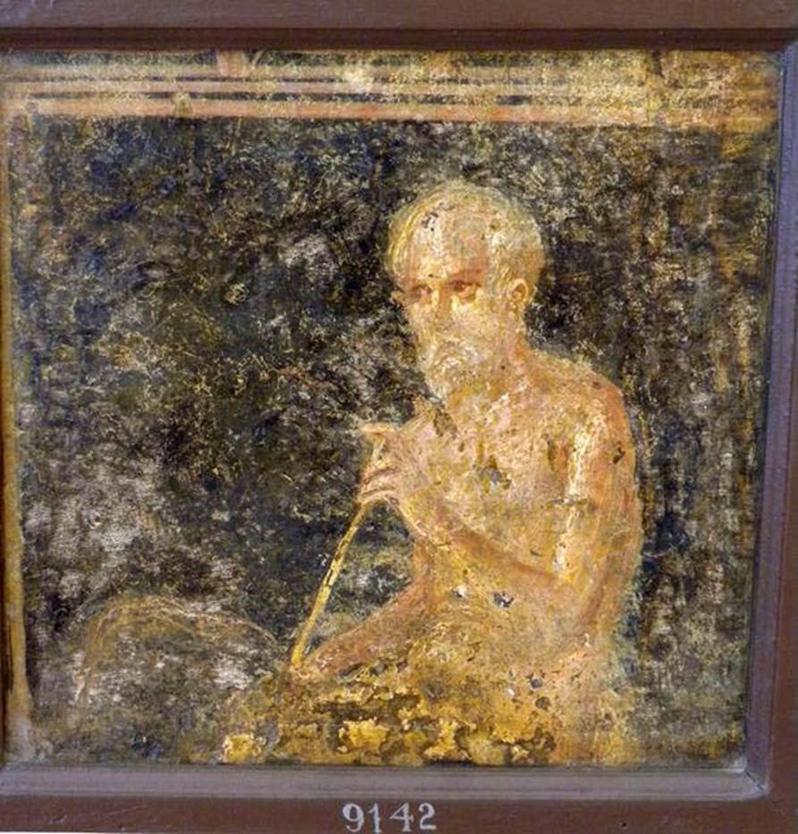 Stabiae, Villa Arianna, found 15th March 1760. Room 7, painting of a seated, older, bearded man.
According to Grasso, he is gazing at the woman in fresco 9097.
Now in Naples Archaeological Museum. Inventory number 9142.
See Sampaolo V. and Bragantini I., Eds, 2009. La Pittura Pompeiana. Electa: Verona, p. 457.
See Pagano, M. and Prisciandaro, R., 2006. Studio sulle provenienze degli oggetti rinvenuti negli scavi borbonici del regno di Napoli. Naples: Nicola Longobardi, p. 245.