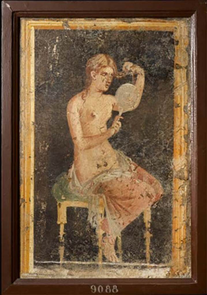 Stabiae, Villa Arianna, found 15th March 1760. Room 7, painting of a seated woman combing her hair.
Now in Naples Archaeological Museum. Inventory number 9088.
See Sampaolo V. and Bragantini I., Eds, 2009. La Pittura Pompeiana. Electa: Verona, p. 456.
See Pagano, M. and Prisciandaro, R., 2006. Studio sulle provenienze degli oggetti rinvenuti negli scavi borbonici del regno di Napoli. Naples: Nicola Longobardi, p. 245.