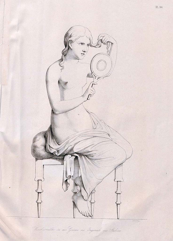 Stabiae, Villa Arianna, found 15th-17th March 1760.
Room 7, pre-September 1859 drawing of painting by Zahn, of a seated woman sitting in front of a mirror and arranging her blonde hair.
According to Zahn, this may be “the toilette of Venus”.
He described - the background of the painting is black, the seat is of gold, the drapery which only covered her legs is of a clear red with a white edge; the cushion is green and the mirror is of a white silver.
Now in Naples Archaeological Museum. Inventory number 9088.
See Zahn, W., 1852-59. Die schönsten Ornamente und merkwürdigsten Gemälde aus Pompeji, Herkulanum und Stabiae: III. Berlin: Reimer, taf. 100.