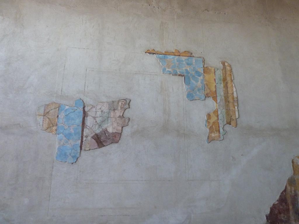 Stabiae, Villa Arianna, September 2015. Room 3, east wall.
According to the description board –
on the left wall the Hippolytus myth, represented by just a sitting female figure seen at the back (perhaps his stepmother Phaedra?) has survived.