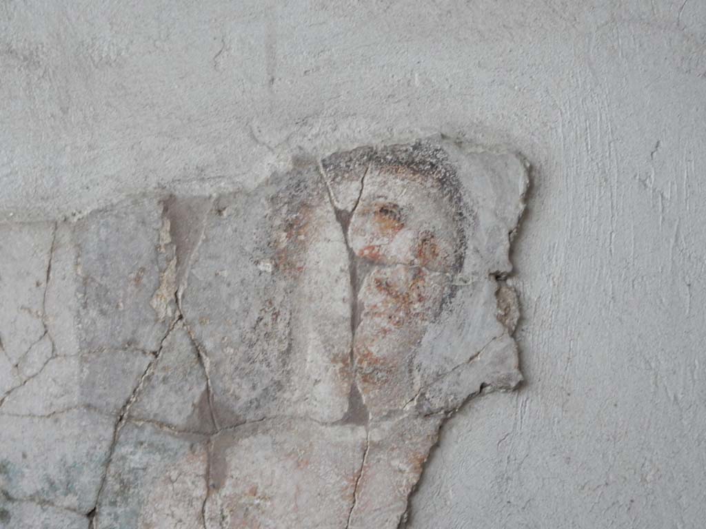 Stabiae, Villa Arianna, June 2019. Room 3, detail of the female figure seen on the left side of the painting.
Photo courtesy of Buzz Ferebee.