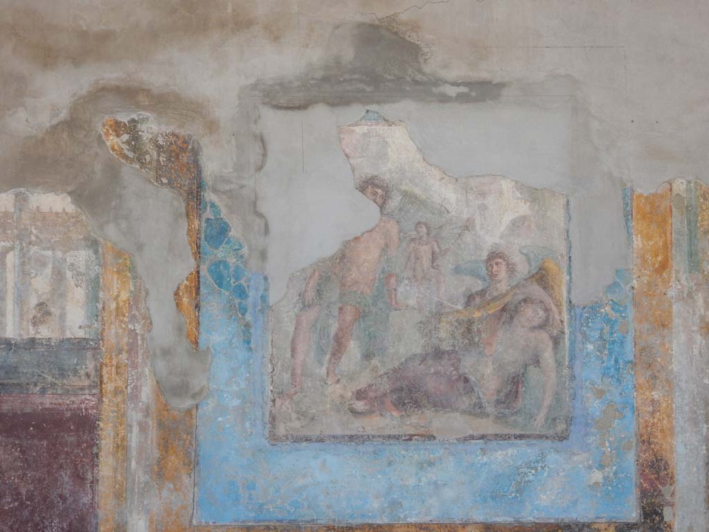 Stabiae, Villa Arianna, June 2019. Room 3, central wall painting on south wall in triclinium.
Photo courtesy of Buzz Ferebee.