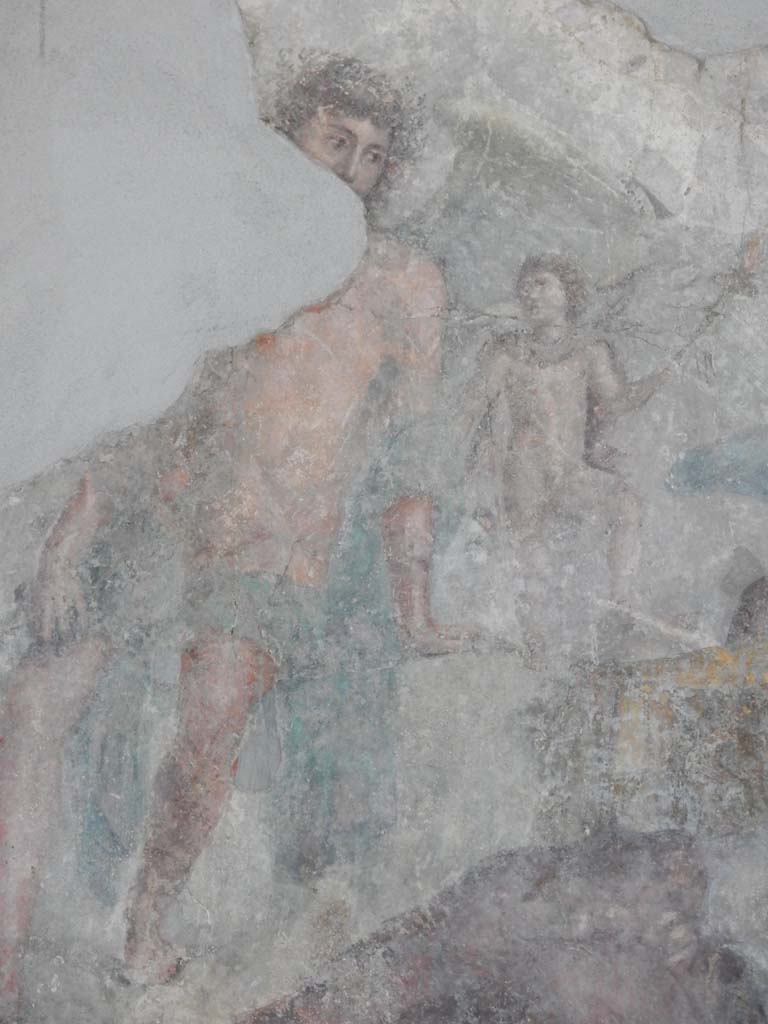 Stabiae, Villa Arianna, June 2019. Room 3, Dionysus, in central painting on south wall.
Photo courtesy of Buzz Ferebee.