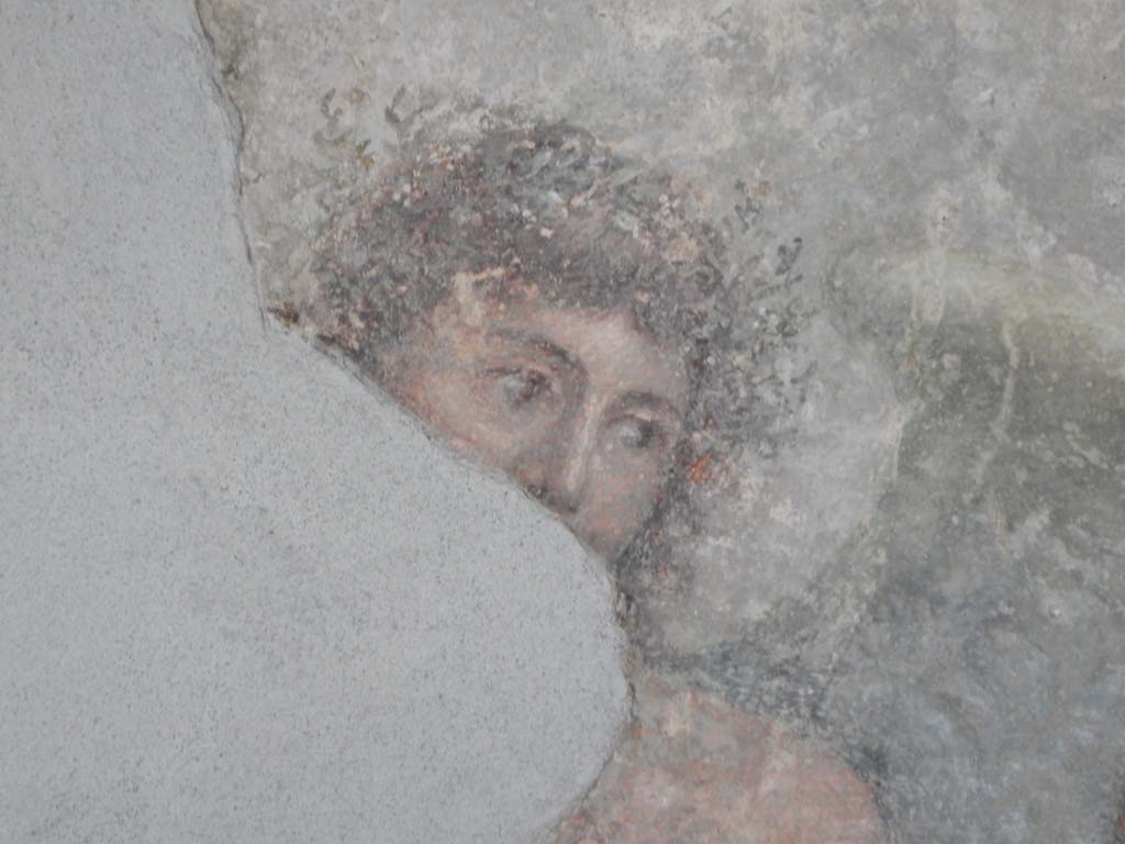 Stabiae, Villa Arianna, June 2019. Room 3, detail from painting on south wall, with enlargement of the face of Dionysus.
Photo courtesy of Buzz Ferebee.