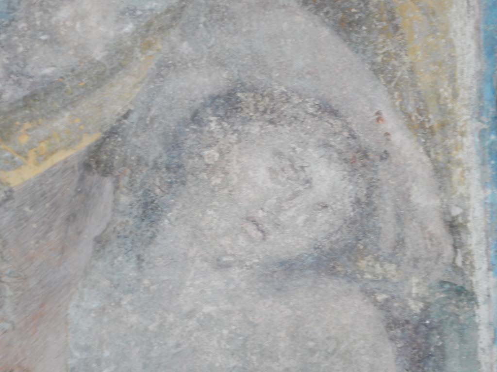 Stabiae, Villa Arianna, June 2019. Room 3, detail from painting on south wall, showing enlargement of face of sleeping Ariadne.
Photo courtesy of Buzz Ferebee.