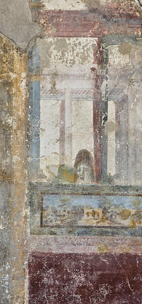 Stabiae, Villa Arianna, December 2023.
Room 3, detail of painted panels from west end of south wall.
Photo courtesy of Miriam Colomer.